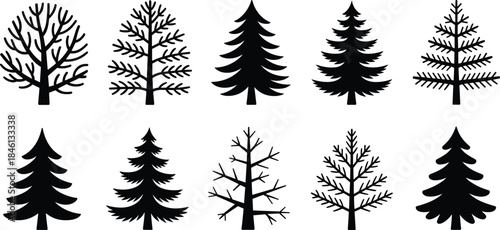 Tree silhouette set, black forest shapes, bare branches, conifer outlines, nature icons, seasonal design, botanical clipart, vector trees, isolated elements