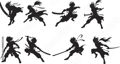 Warrior silhouette vector, sword fighter poses, fantasy combat character icons, dynamic action illustration, spiky hair ninja design set