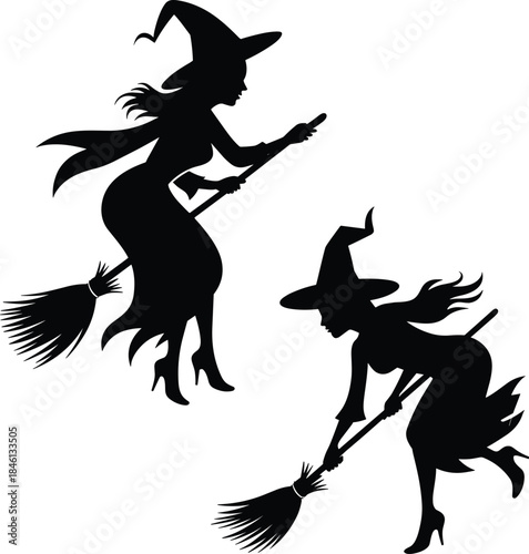 Witch, silhouette, flying, broomstick, Halloween, spooky, magic, pointed hat, fantasy, folklore, black, white, motion, eerie, mystery, illustration, night, costume, scary, supernatural