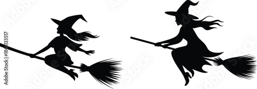Witch, silhouette, flying, broomstick, Halloween, fantasy, spooky, pointed hat, motion, eerie, folklore, black, white, costume, mystery, illustration, supernatural, scary, magical, night