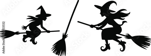 Witch silhouette vector, flying broomstick, Halloween theme, fantasy icon, spooky illustration, black figures, pointed hat, magical pose, folklore design