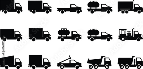 Truck silhouette vector, utility vehicles, pickup, box truck, tank truck, dump truck, black icons, transport design, side view, collection