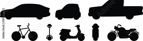 Transport silhouette vector, car, bike, scooter, motorcycle, pickup truck, fire hydrant, black icons, urban mobility, side view, comparison