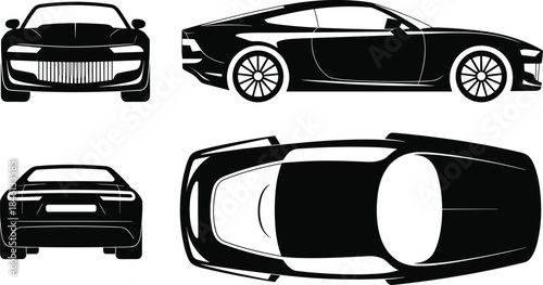 Sports car silhouette, front view, side view, rear view, top view, black icon, transport shape, isolated automotive graphic design