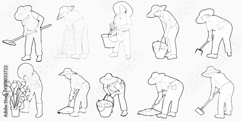 Line art illustrations depicting people in various gardening and labor poses