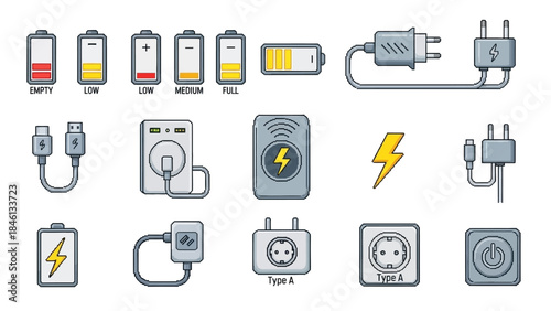 Set of Battery and Charging Icons with Various States and Connectors