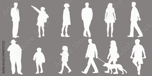 Silhouettes of people in various poses and with a dog on gray background