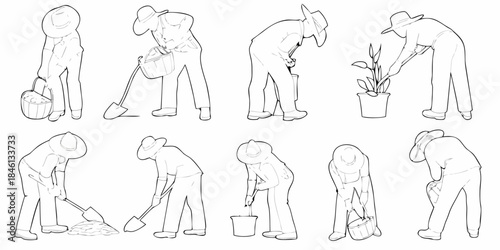 Line art illustration of people gardening and performing various tasks