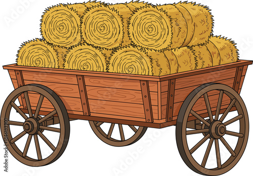 Wooden farm cart filled with hay bales, rural agriculture transport, countryside lifestyle, traditional farming equipment, harvest season illustration design