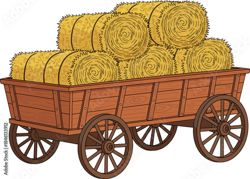 Traditional wooden farm cart loaded with cylindrical hay bales, rustic agricultural transport vehicle, countryside harvest storage, rural farming equipment, straw