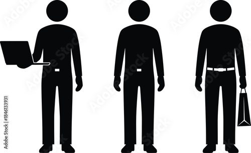 Silhouette people, laptop worker, idle standing figure, shopping activity, casual and professional lifestyle, consumer concept, digital communication, everyday posture, design element