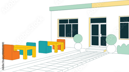 Simple vector illustration showing an outdoor patio with colorful tables and chairs in front of a white building illustration
