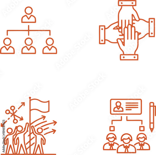 Business management icons set: teamwork, hierarchy, leadership, hr solutions & strategy