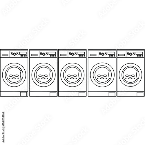 Row of Washing Machines, Simple Modern Line Art Illustration in Black and White for Laundry Service Infographic