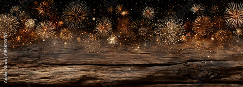 Silvester 2025, New Year's Eve, New Year, new years eve background panorama long - Firework Fireworks on rustic brown wooden wood texture