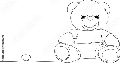 Continuous one-line drawing of a classic seated teddy bear with a cute, friendly expression.