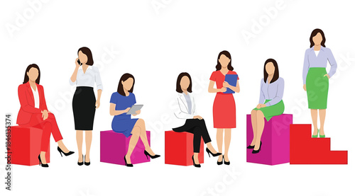 Seven professionally dressed women posed on red, pink, and purple blocks, standing and sitting in line formation, stylized illustration representing career progression, workplace diversity, and leader
