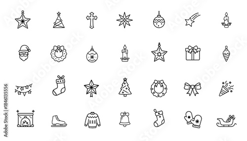 Christmas and New Year icon set concept. Holiday festive symbols minimal outline. Christmas packaging advertising branding flyer invitation website app print. Black thin line vector icons on white