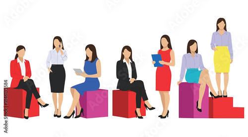 Six professionally dressed women posed on red, pink, and purple blocks, engaging in varied activities with documents and devices, stylized illustration representing workplace diversity and career role
