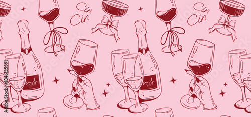 Seamless pattern with drink elements. Coquette cocktail, champagne glasses, hand with wineglass. Hand drawn design for wallpaper, print, background, wrapping paper, banner.