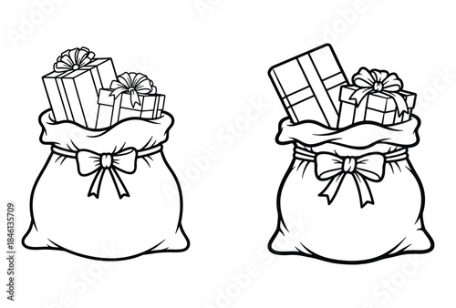 Two festive gift bags overflowing with wrapped presents
