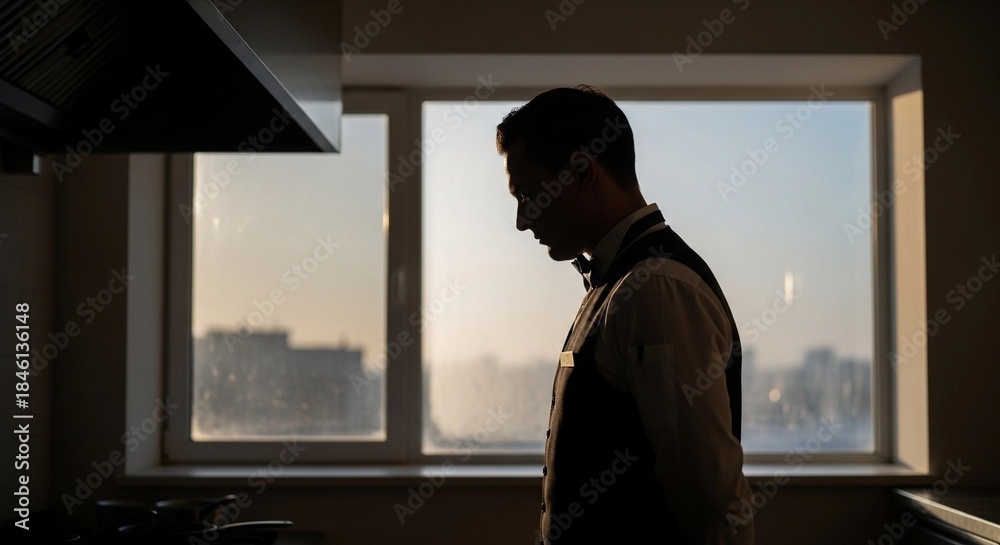 Fototapeta premium Waiter Silhouette in Kitchen, Professional Preparation Concept, Generative AI