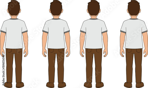 Male character back view turnaround illustration set showing different standing poses, casual outfit, clean flat vector design