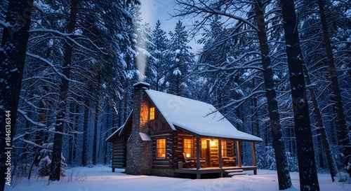 A vivid scene showing cozy cabin in the woods with smoke rising from chimney in a richer, more atmospheric January setting.
