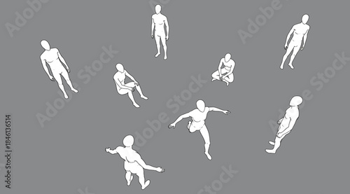 Circular arrangement of eight white silhouette figures in dynamic poses on gray background, abstract human motion illustration showing symmetry, orientation, and artistic composition for design, chore