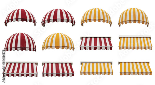 Collection of twelve striped awnings in red and yellow variations, arranged in grid with dome, semi‑dome, and flat rectangular shapes, architectural design elements for storefronts, cafes, shops, and 