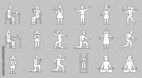 Grid of twenty line‑art figures showing wellness activities including exercise, stretching, meditation, computer work, and walking, minimal contour illustration on gray background for health, fitness,