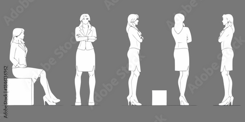 Four women in business attire depicted in a simple white line drawing style
