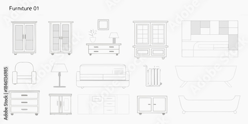 Line art illustration of various furniture pieces for interior design concepts