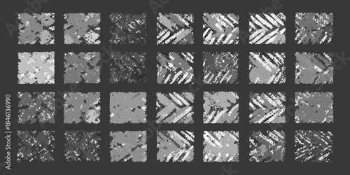 A grid of abstract monochrome patterns resembling static or distorted textures