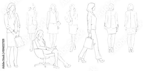 Line art illustrations of women in business attire showcasing different poses and styles