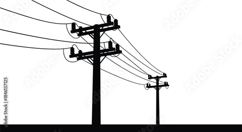Two utility poles silhouette, power lines tension, electrical infrastructure, crossarm insulators, urban grid, black vector, energy distribution, transmission support, depth perspective