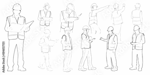 Line art illustration of construction workers in various poses and attire