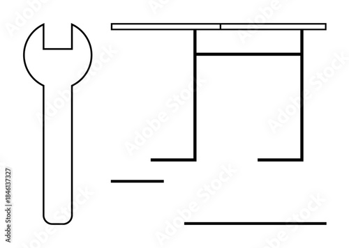 Industrial design, construction planning, furniture assembly, DIY projects, creative arts, minimalistic decor. Outline of a wrench and abstract chair. Industrial design and construction planning