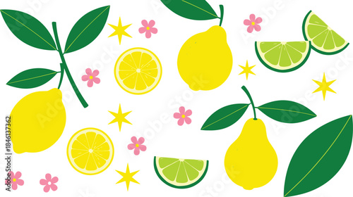 Seamless lemon and lime pattern with fresh citrus fruits, green leaves, flowers and decorative stars