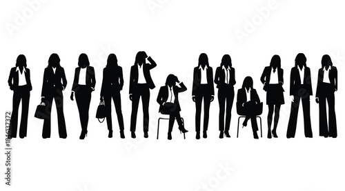 Collection of twelve black silhouette figures of professional women in business attire, standing, seated, and holding bags in varied poses, minimal contour illustration on white background for corpora