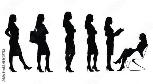 Sequence of six black silhouettes of woman in varied poses with handbag, crossed arms, clasped hands, reading, and seated posture, minimal contour illustration symbolizing career development, empowerm