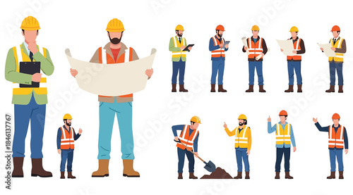 Collection of twelve illustrated construction workers in safety gear including hard hats and vests performing tasks such as reading blueprints, using tools, digging, and communicating, teamwork and sa