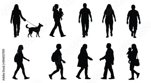 Collection of ten black silhouettes of people in varied walking poses including adults, children, backpack wearers, and person walking dog, minimal contour illustration on white background for lifesty