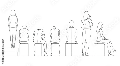 Line drawing of seven female figures in varied seated and standing postures on blocks and platforms, showing bowed heads, crossed legs, and expressive gestures, minimal contour illustration for body l