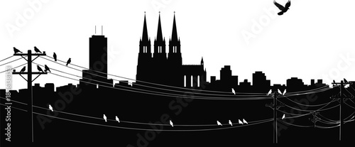 Utility pole and streetlight silhouette vector, power line infrastructure, urban lighting design, electricity distribution system, minimal illustration, engineering concept