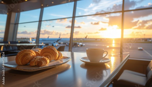 Peaceful travel experience, savoring fresh croissants and coffee at a sunlit airport lounge overlooking departing airplanes and a beautiful golden hour sunset