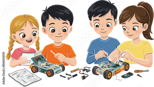 Children building robotic cars, STEM activity, teamwork, engineering skills, hands-on learning, electronics, screwdriver, instruction manual, circuit board, creative education