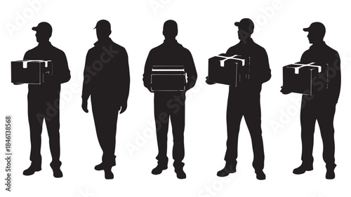 Delivery Men Holding Boxes in Various Poses Isolated on White