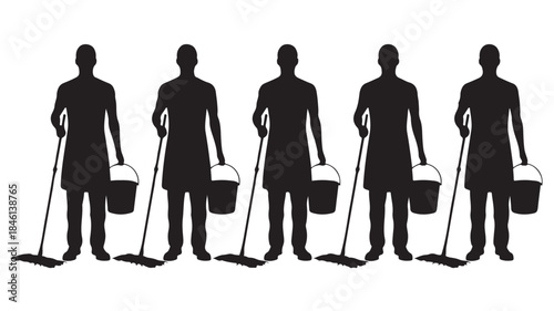 Cleaning Staff Silhouettes with Mops and Buckets Isolated on White Background