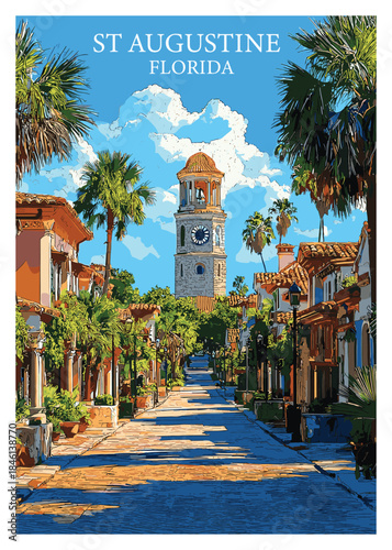 Vector illustration of st augustine florida cityscape featuring historic buildings, clock tower, and palm trees under a blue sky for websites and prints